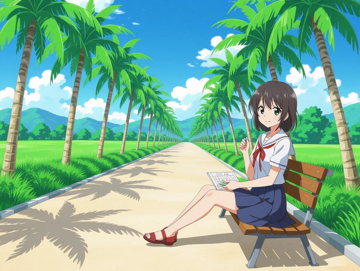A girl sits on a bench alongside a sandy path. Tall palm trees line the pathway. Blue sky and mountains are visible in the background. The scene is bright and vibrant.