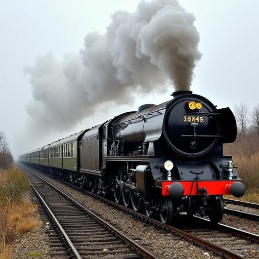 Ultra realistic photo of steam locomotive Mallard under steam traveling along East Coast rail line in UK