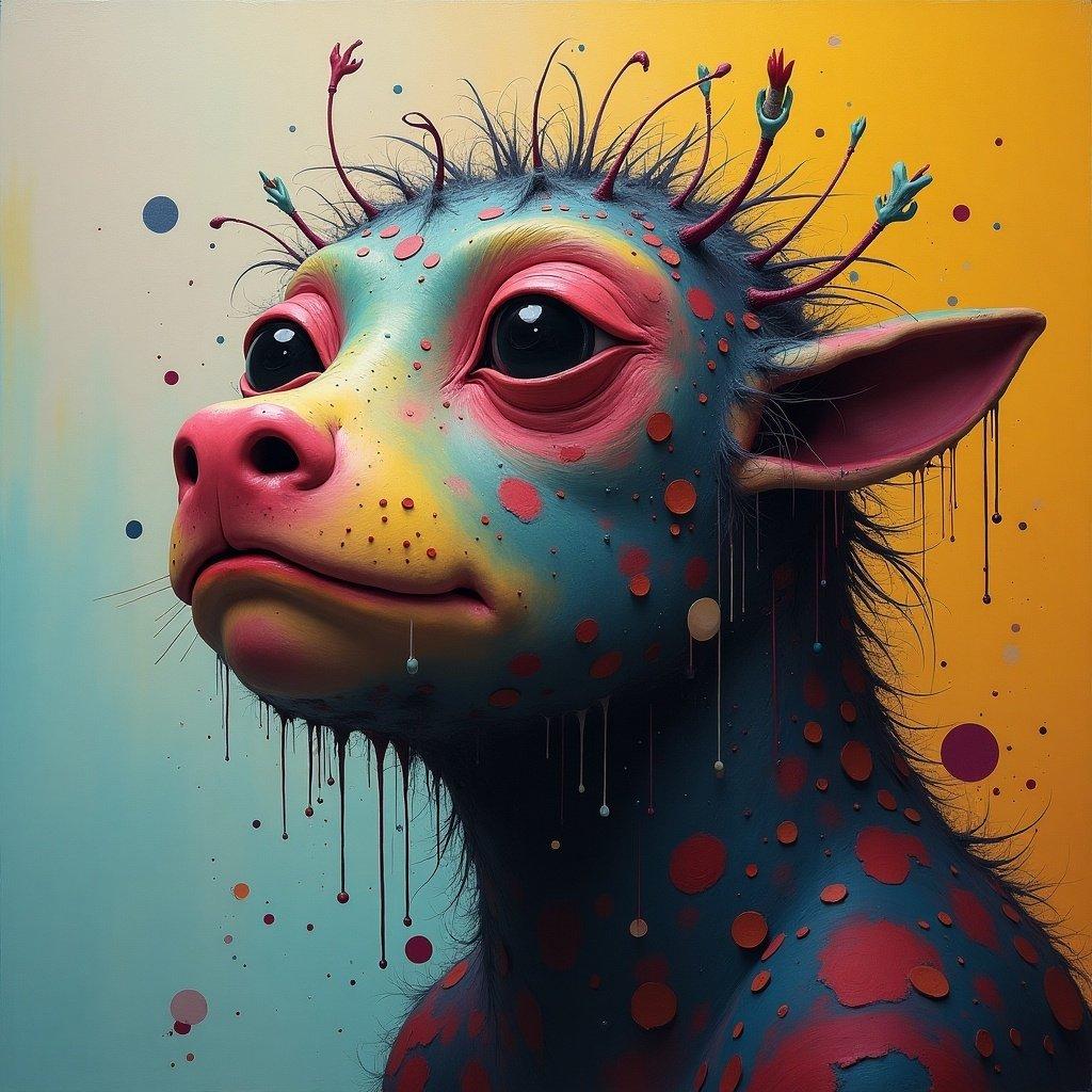 A queer abstract creature with a sad expression. Colorful details with blue, pink, and yellow hues. Its face appears whimsical and artistic. Unique features include a dotted texture and vibrant coloring.