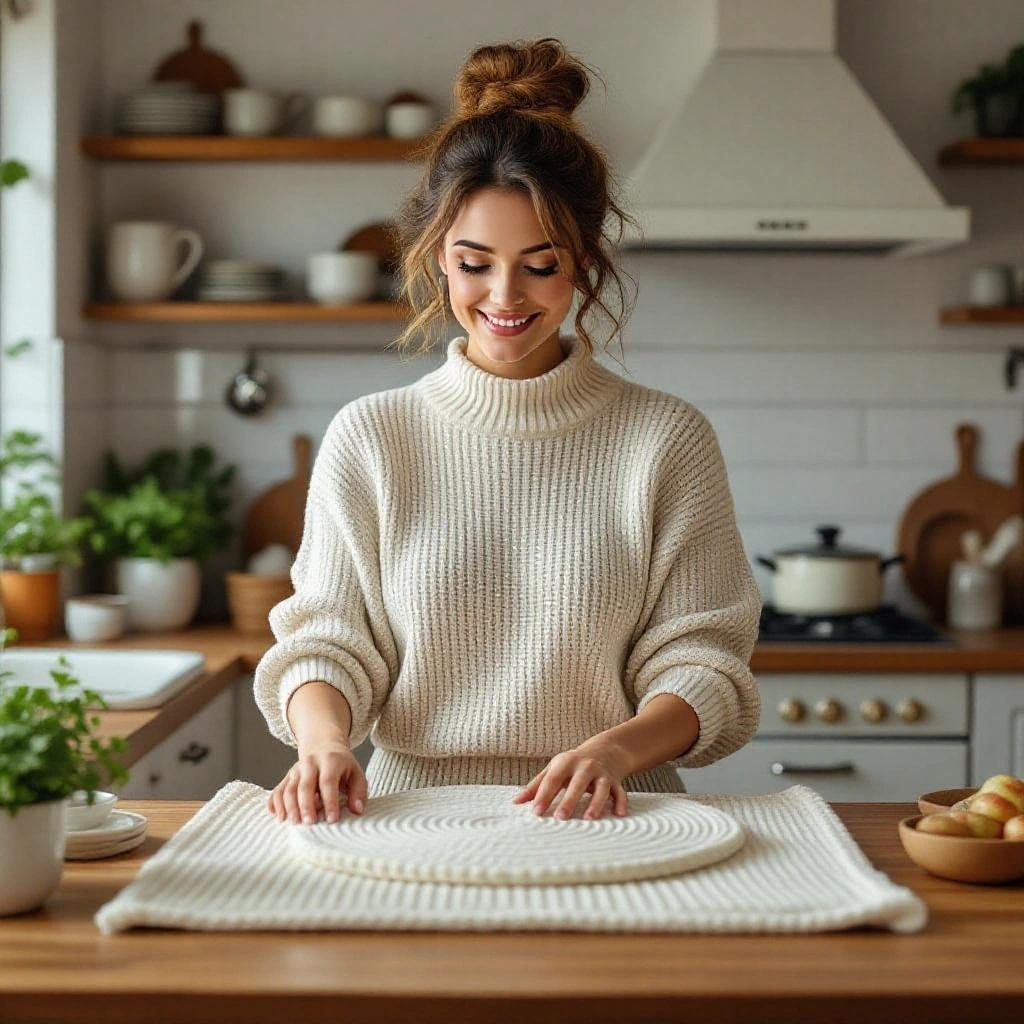 Woman in a cozy kitchen smiling while working on a crocheted surface