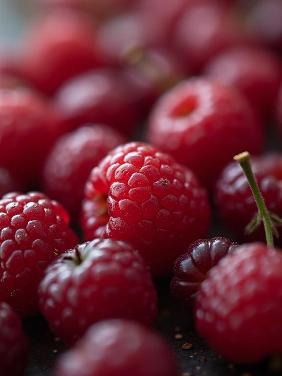 Close-up view of ripe raspberries on a dark surface. Berries are glistening with droplets of water. Various sizes with visible textures. Green stem peeking among the berries.