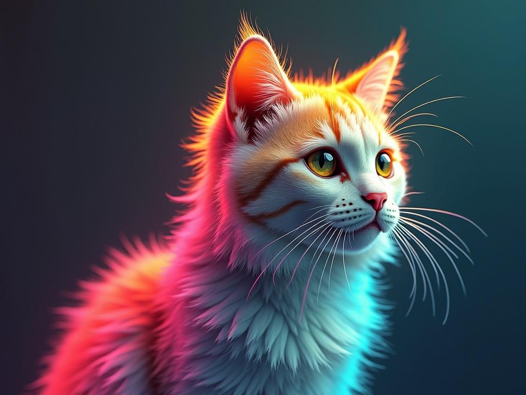 A colorful portrait of a cat with fluffy fur and bright neon highlights. The background features shades of rainbow colors. The cat has expressive eyes and prominent whiskers.