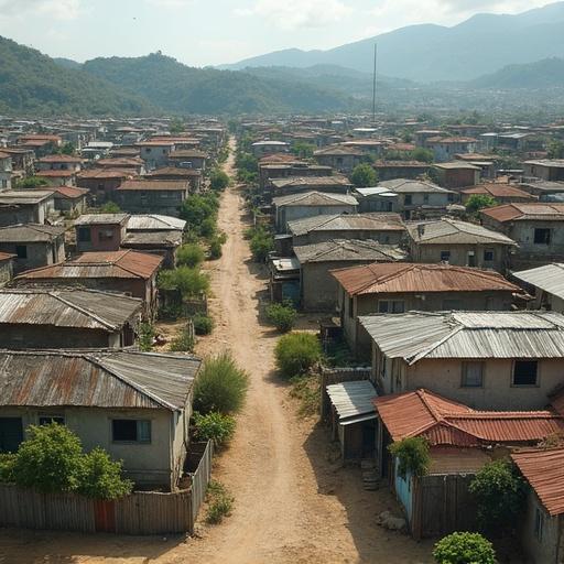 Aerial view of outer informal settlements showcasing self-built neighborhoods. Limited infrastructure is visible. A dirt road runs through the area. Community networks are strong despite challenges. Housing structures feature corrugated metal roofs and earthy tones. Surrounded by hilly terrain. Afternoon light casts soft shadows across the landscape.