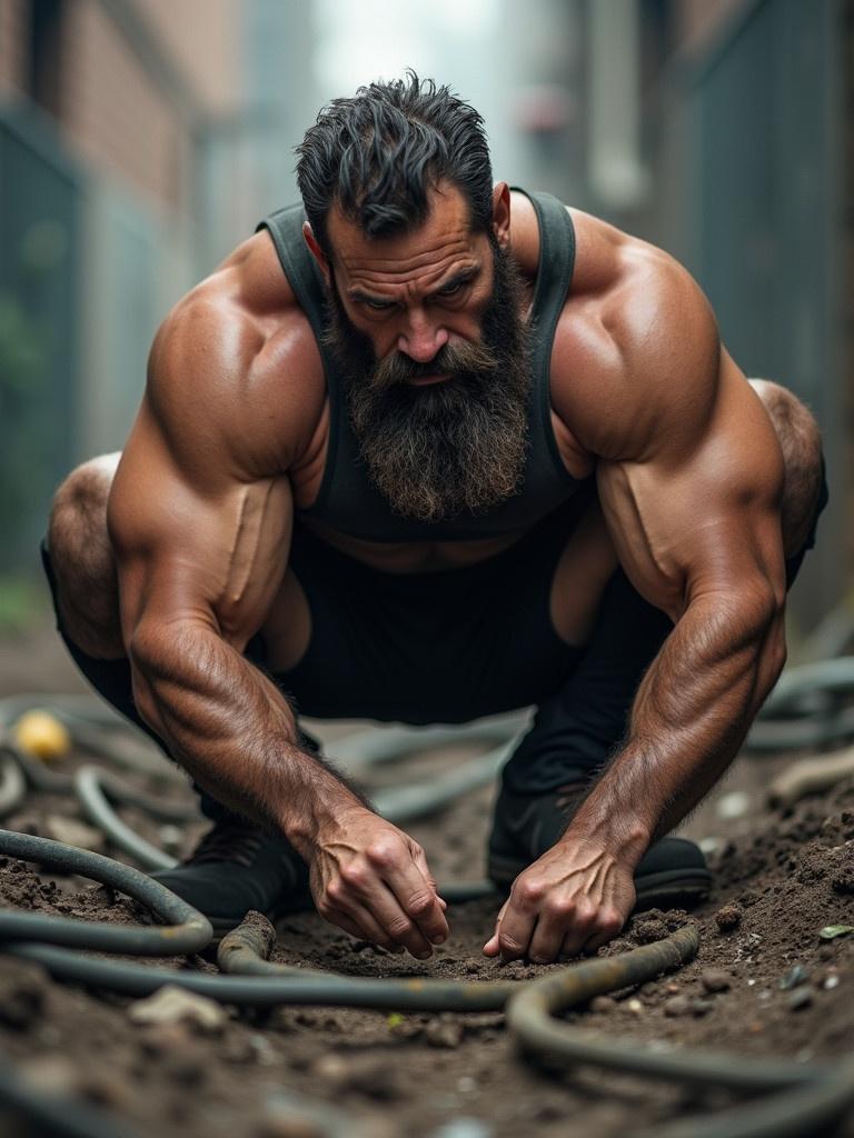 A bearded man crouches in an urban environment digging through the ground surrounded by cables and debris. The setting conveys a sense of intensity and survival with an emphasis on the hypermasculine physique of a mature bodybuilder. The background is blurred allowing focus on the subject's intense expression.