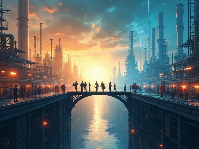 Symbolic image illustrating the transformation of workforce. Divided scene with human workers on one side. Sleek robots and AI systems on the other side. Bridge represents collaboration between humans and machines. Visual metaphors include scales of job loss and creation. Include diplomas for reskilling. Hands shaking to symbolize cooperation. Rising sun for opportunity and progress. Emphasize ethical planning and inclusive policies.