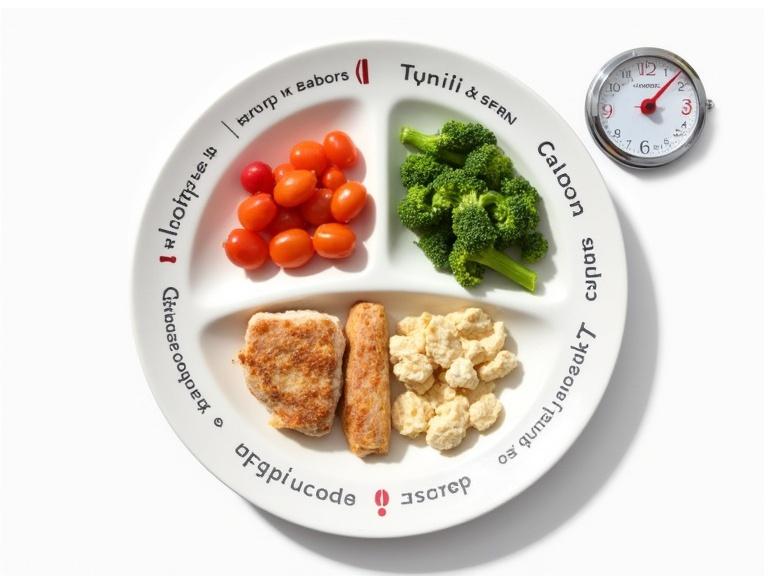 Divided plate displays food portions for balanced diet. Includes protein, vegetables, complex carbs, a timer, and a scale. Bright and inviting presentation.