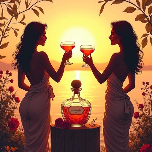 Minimalist abstract line art depicting silhouettes of two women enjoying a cocktail at sunset. They have an hourglass figure and wear flowing sarongs. An elegant bottle labeled 'ALFRUNO' sits on a rustic wood. Roses, herbs, and wildflowers surround the setting in a luxurious garden atmosphere.
