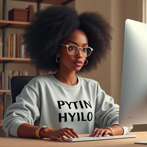 A young Black woman at a desk looks at a computer. She has dark curly hair and light glasses. She wears a light gray sweatshirt with 'PYTIN HYILO'. Gold hoop earrings and bracelets are visible. She holds a computer mouse. A soft-colored background shows a home office. The lighting is soft and the colors are muted yet vibrant. The composition focuses on her with detail. The perspective is slightly above her. The atmosphere is positive and aspirational. A pen and notepad are on the desk.