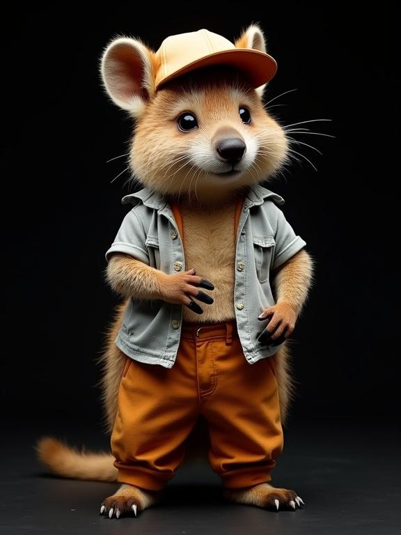 Create a highly detailed and visually appealing image of a quokka dressed in 1970s fashion with a charming smile in a confident pose against a solid black background. The photo should showcase eye-catching attire, dynamic lighting, professional Canon camera quality, and unique styling. Include a small pet elephant playfully interacting with the quokka.