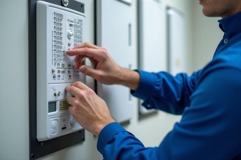 A technician installs wireless services on a control panel. User operates a device on the wall. Focus on hands adjusting buttons for configuration.