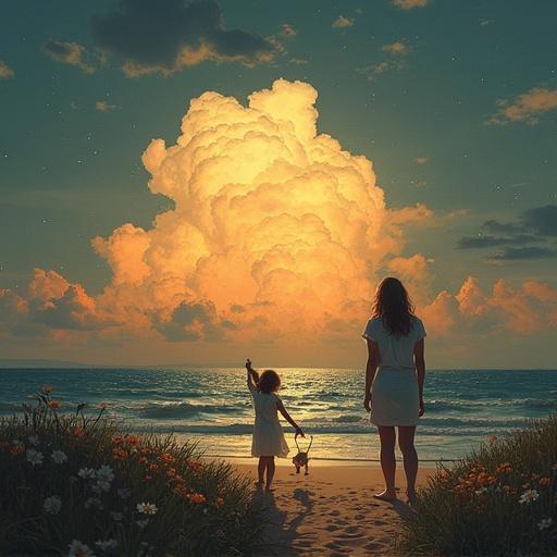 A serene beach scene features a mother and her child standing hand in hand. They gaze at a beautiful sunset with an expansive cloud formation. The golden light reflects on the water. Flowers enhance the beach's beauty. A small dog accompanies them. Mother and child wear white dresses. The scene conveys warmth and connection.