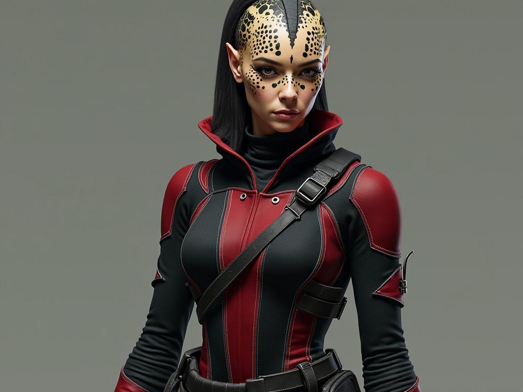 The image features a realistic depiction of a Trill character in a detailed military uniform. The uniform is crafted from tough synthetic fabric, providing both durability and comfort in a combat scenario. It has a sleek design with a combination of black and red colors, featuring distinct stitching that enhances its textured appearance. Her body proportions are accurately represented to reflect realism rather than stylization. The character's appearance showcases the distinctive spotted pattern characteristic of Trills on her face and neck, blending seamlessly with her overall look. Accessories such as a tactical belt and a sheathed knife add to her warrior persona.