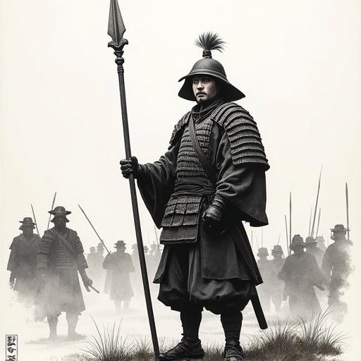 Traditional ink wash style illustration of foot soldier from Sengoku period. Soldier stands confidently with spear while expressing determination. Brush strokes show texture and movement. Blurred background suggests battlefield. Black and white rendering emphasizes historical gravity.