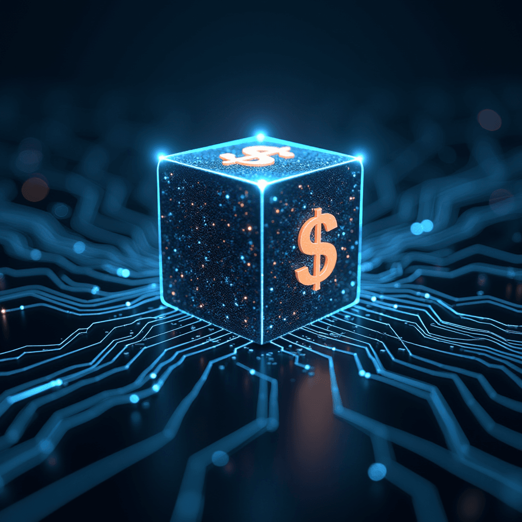 A glowing cube with a dollar sign, surrounded by a futuristic digital circuit design.