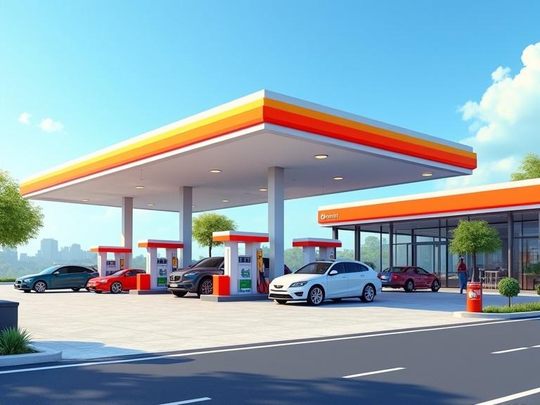 Modern gas station with multiple fuel pumps, bright signage, and a large convenience store. Clear blue sky with natural daylight. Cars parked at gas pumps, tidy atmosphere. Surrounding details include road markings and trash bins.