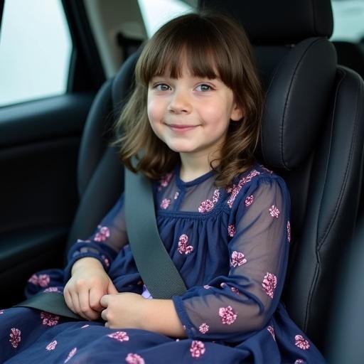 Photo of a young girl with dark hair in braids wearing a dark blue dress with pink patterns. The girl sits safely buckled in a child car seat.