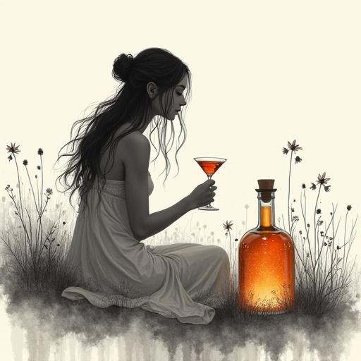 Minimalist ink painting featuring a serene goddess with flowing hair. She is seated in a misty field of wildflowers. The goddess holds a cocktail liqueur glass. An apothecary bottle with a golden-reddish glow rests nearby. The artwork draws inspiration from traditional Japanese ink wash painting. Color palette includes black, white, gray, and a touch of gold.