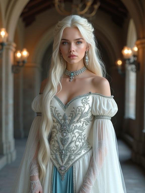 A noble young woman in a medieval fantasy setting. She has long, thick platinum blonde hair partly tied. Her skin is pale and smooth with a serene expression. She wears a detailed fantasy gown with silver embroidery. The setting is a lit stone hall with medieval architecture and chandeliers. High-quality and realistic.