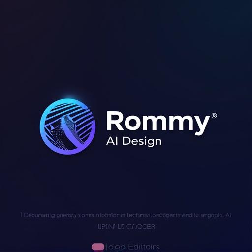 Professional modern logo design for 'Rommy AI Design'. Incorporates innovation and artificial intelligence. Features sleek minimalistic style with abstract neural networks. Uses electric blue and deep purple colors. Versatile for light and dark backgrounds.