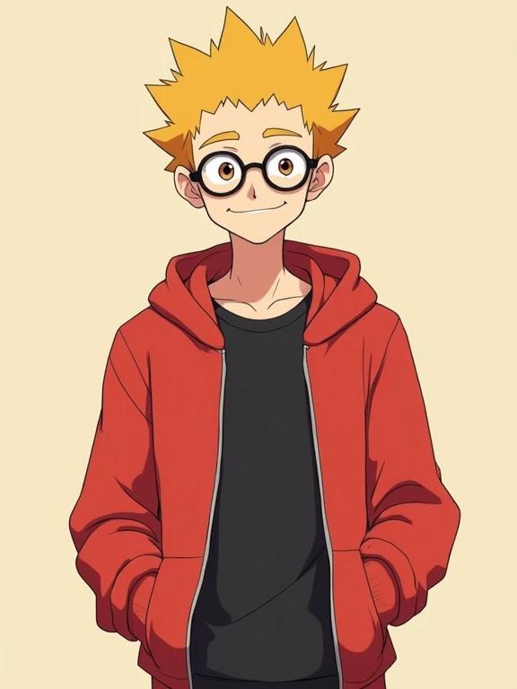 Male character in 20s has light skin and sharp jawline. Character features big amber eyes and thick eyebrows. Hair is bright yellow and spiky. Wears a red zip-up hoodie over a black shirt. Hands are in pockets. Stands confidently with a simple beige background. Art style is cel-shaded with bold lines.