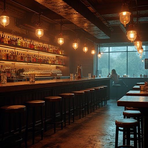 A dystopian bar setting with a dark atmosphere. The bar counter filled with bottles. Ambient lighting from hanging lamps enhances the moody vibe. Chairs arranged in front of the bar, creating an inviting yet eerie scene.