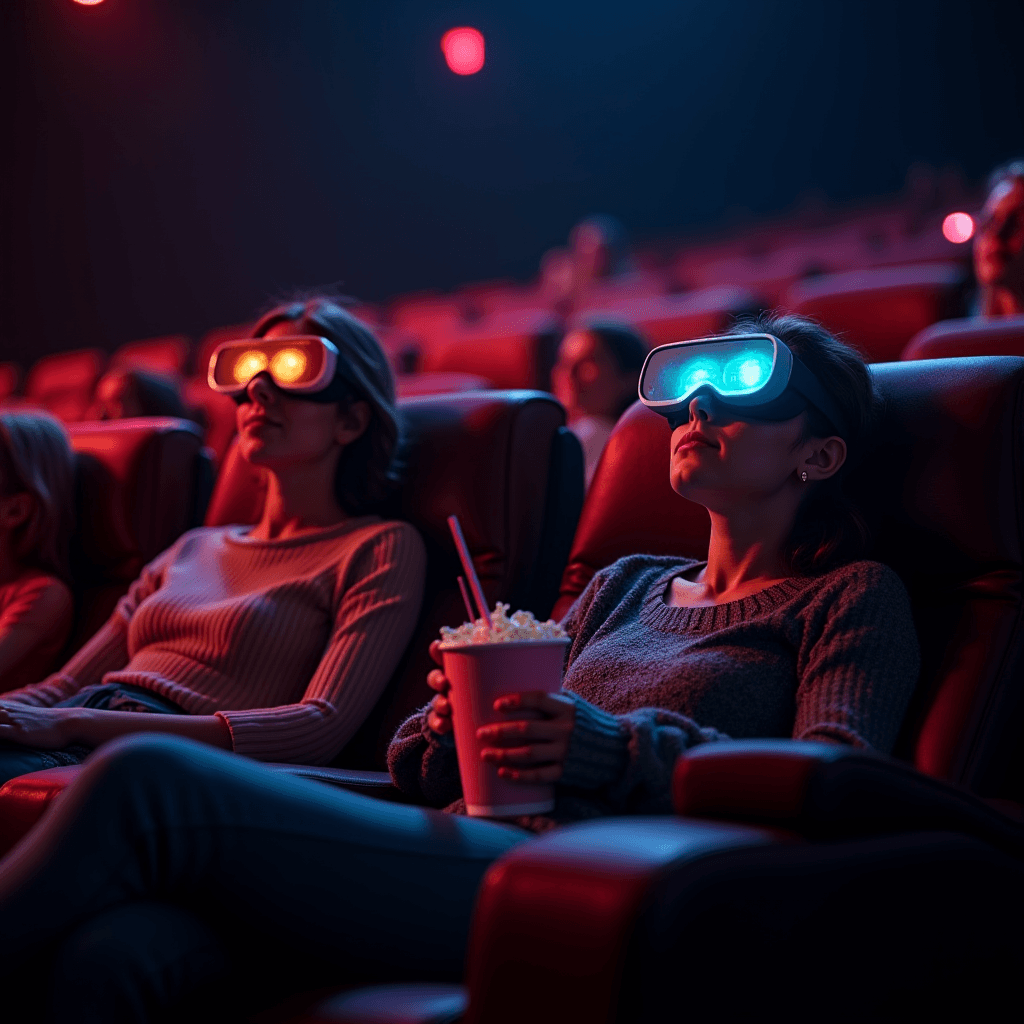 People wearing futuristic VR goggles enjoying a movie in a theater.