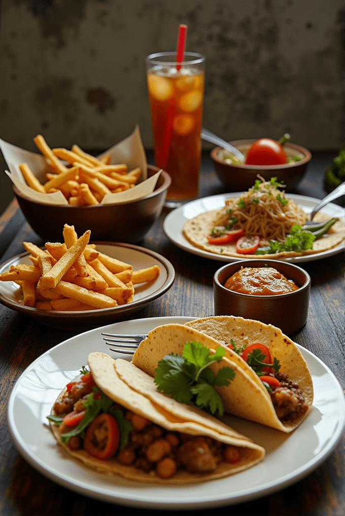 A wooden table is set with plates of tacos, fries, salad, and iced tea, showcasing a delicious meal.