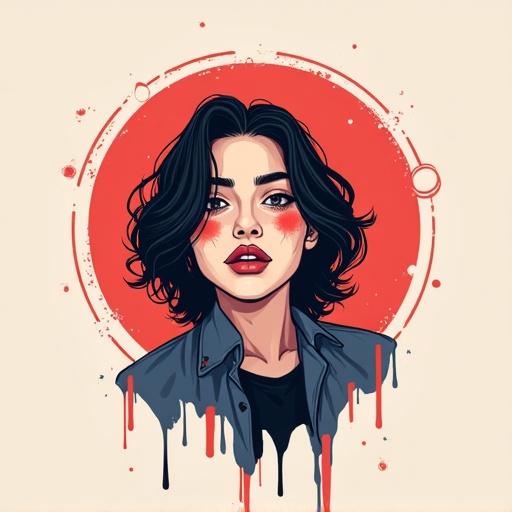 Create a logo featuring a young woman with long black hair and a serious expression. The background should be circular with a red hue. Include drips from the bottom of the illustration to create an artistic effect.