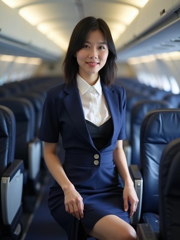 A young Chinese flight attendant sits confidently in an airplane seat. She has black hair and wears a formal navy blue uniform with a skirt. A white blouse is visible. The aircraft interior is clean and organized with rows of seats.