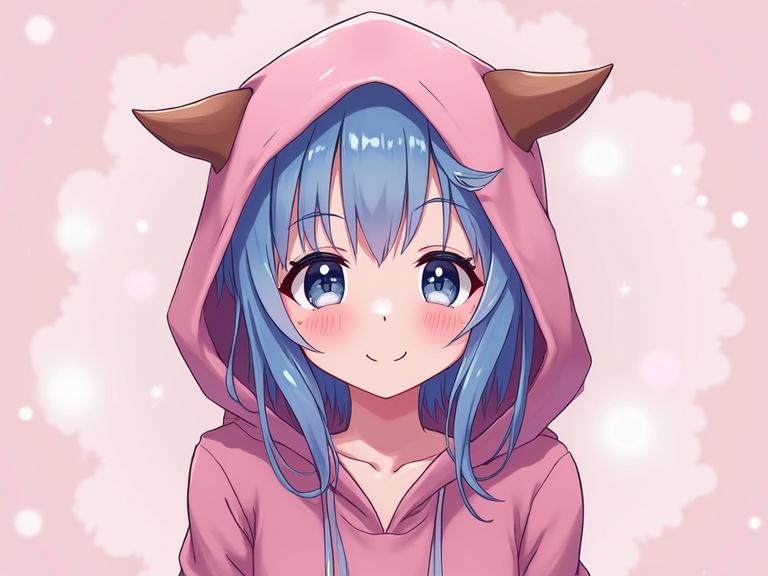 A cute neptunia girl with blue hair wearing a pink hoodie with horns