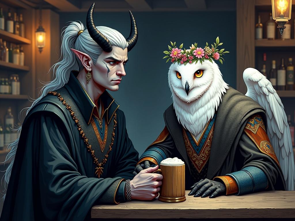 Comic-book-style digital illustration of male tiefling and anthropomorphic owl at bar. Tiefling has ash-gray skin, amber eyes, long silver hair, sleek black horns. Owl has dark gray fur, folklore robes, floral wreath, embroidered garments. They drink beer from wooden mug. Soft cold lighting, stylized depth of field, non-photorealistic art style.