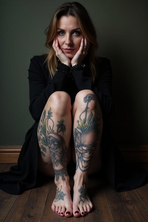 Mature woman in goth clothing sitting on the floor with tattooed legs. Bare feet displayed prominently. Dramatic lighting creates a moody atmosphere.