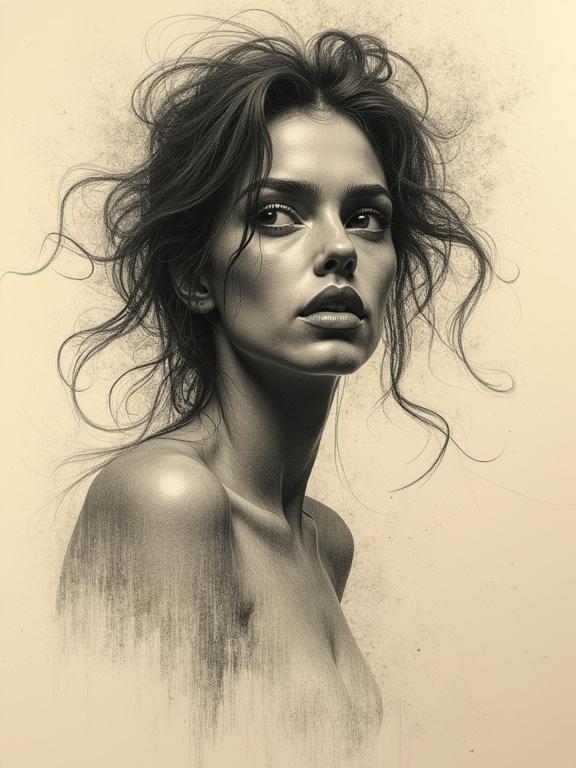 A mesmerizing woman portrayed in a rough pencil sketch. Her features express intense emotion. She appears in a moment of introspection. Bold lines and soft shading create depth. Set against warm paper texture with visible pencil marks and fibers.