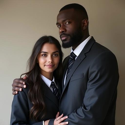 Gorgeous young woman in school uniform. Standing with her boyfriend. He is a large middle-aged man. They are close together.