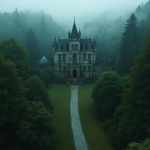 A historic mansion hidden in a dense forest. Surrounded by an old stone wall. A narrow road leads to the estate. Mysterious atmosphere with foggy light. Aerial shot taken with a wide-angle lens. Ultra high-definition, hyper-detailed textures and realistic lighting. Gothic architecture. Dark fantasy mood. Shot with DJI Inspire 3.