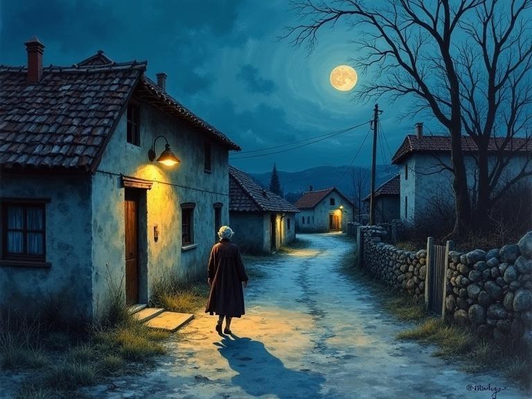 An old woman walks in a rustic village at night. Post-impressionist watercolor painting shows dynamic lighting and high contrast. Cool color palette creates a melancholic atmosphere.