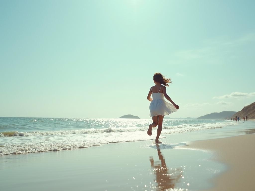 Girl in white dress running along beach at water's edge. Waves lapping shore creates tranquil scene. Bright sunny day enhances joyful mood.