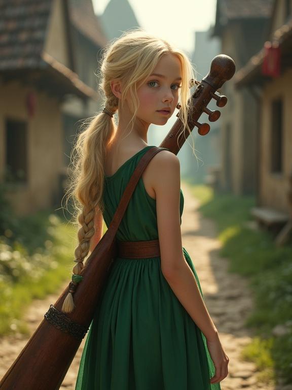 Young girl walks in a medieval village. She wears a dark green sleeveless dress. A long instrument case rests on her shoulder. Her long blonde hair is styled in a ponytail. The scene captures the essence of fantasy aesthetics. Village setting has cobblestone paths and medieval architecture.