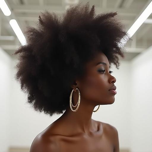 Regal afro with minimalist gold hoops against gallery-white exhibition lighting. The scene highlights the beauty of the hairstyle and accessories.