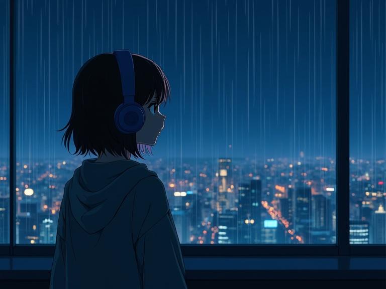 A night scene featuring an anime girl with headphones. She listens to lofi music. Rain falls outside over a detailed cityscape. The city lights softly glow, creating a tranquil ambiance.