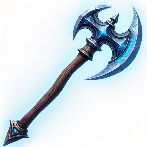 Icon of a magic short axe for a card game. Size 48 x 48 pixels. Style inspired by World of Warcraft. Features heavy details and blue highlights. Transparent background.
