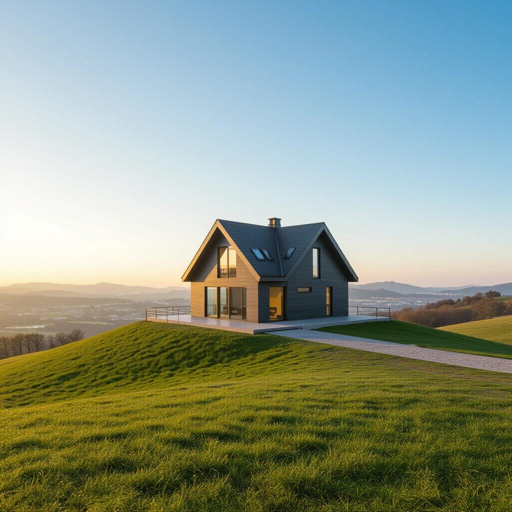 House situated on a hill during sunset. Grass surrounds the structure. Clear sky enhances visibility. Modern design evident in architecture.