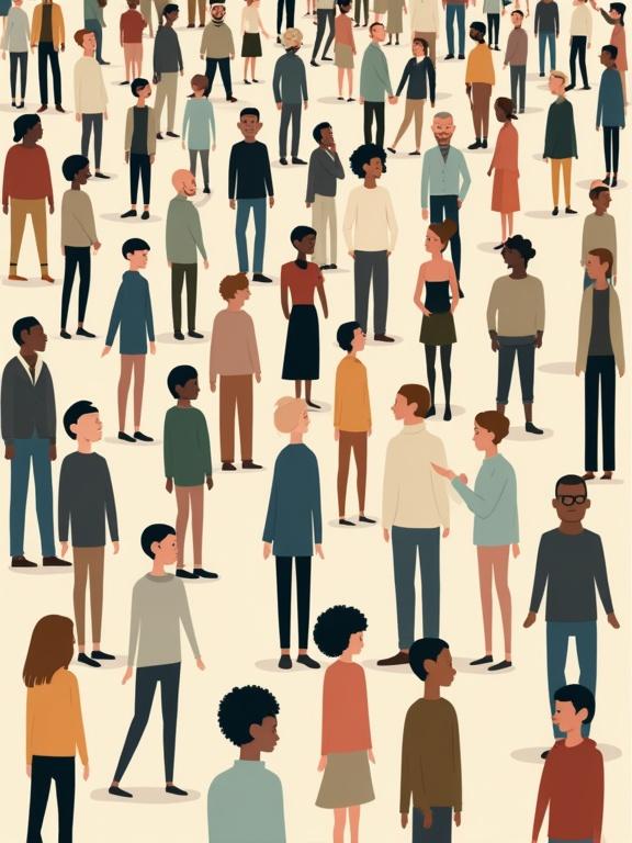 Flat vector illustration of diverse human characters in a maze. Exaggerated, quirky body shapes. Simplified clothing in muted colors. Clean shapes and playful postures. No hyperrealism.