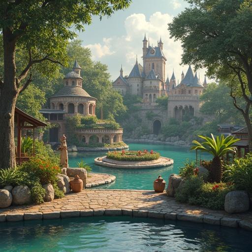 A whimsical illustration featuring a Disney-style castle in a fantasy park setting with lush greenery and animals around.
