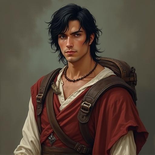 Male character in medieval fantasy clothing with honey skin tone. He has jet black hair styled in a side-swept fringe and hazel almond-shaped eyes. The character is wearing a tunic and leather accessories. He carries a medieval backpack and a beaded necklace. He displays humorous and mischievous traits, with a hint of emotion in his expression.