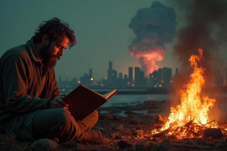 A man with a gaunt face and scraggly beard is reading by a fire. He sits next to a burning fire in a ruined city. He has ragged clothes. A notebook labeled 'The Survivor's Log' is in his hand. The skyline shows burning skyscrapers and a mushroom cloud. Debris flies through the air. The night sky is dark with red and gray streaks and a faint green halo.