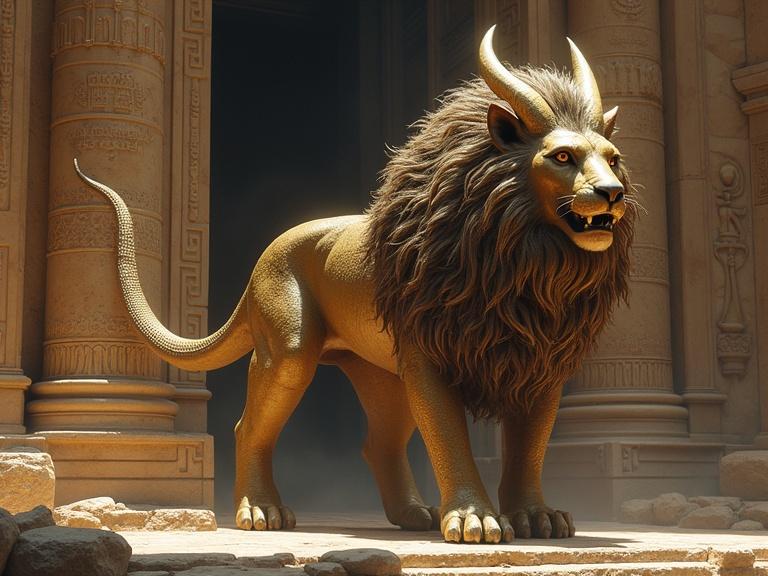Mythical Egyptian guardian beast stands in front of stone temple gate. Lion body with cobra head. Fantasy style with dramatic lighting.