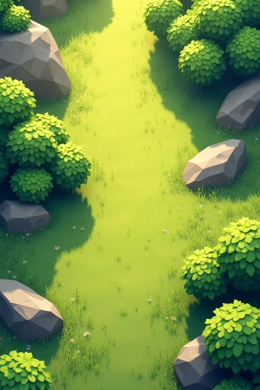 Detailed top-down view of a stylized grass landscape. Includes bushes and rocks. Soft lighting creates a realistic effect. Rich in texture with a semi-realistic style.