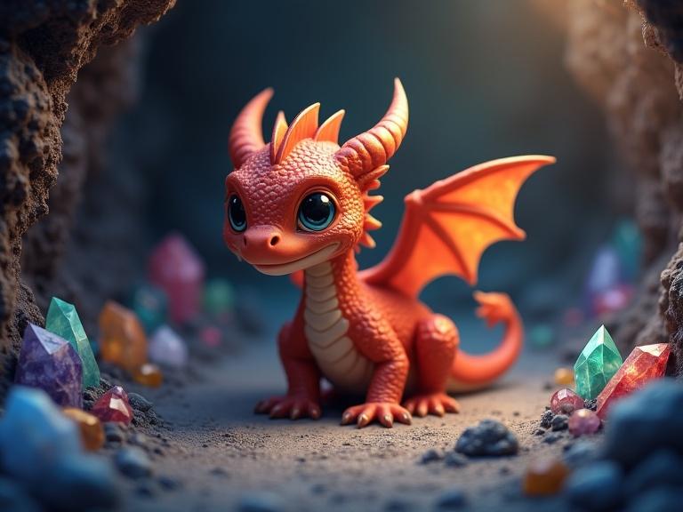 Baby dragon situated in a cave surrounded by colorful crystals. The dragon has large eyes, orange scales, and a playful pose. Crystals in various colors are scattered around.