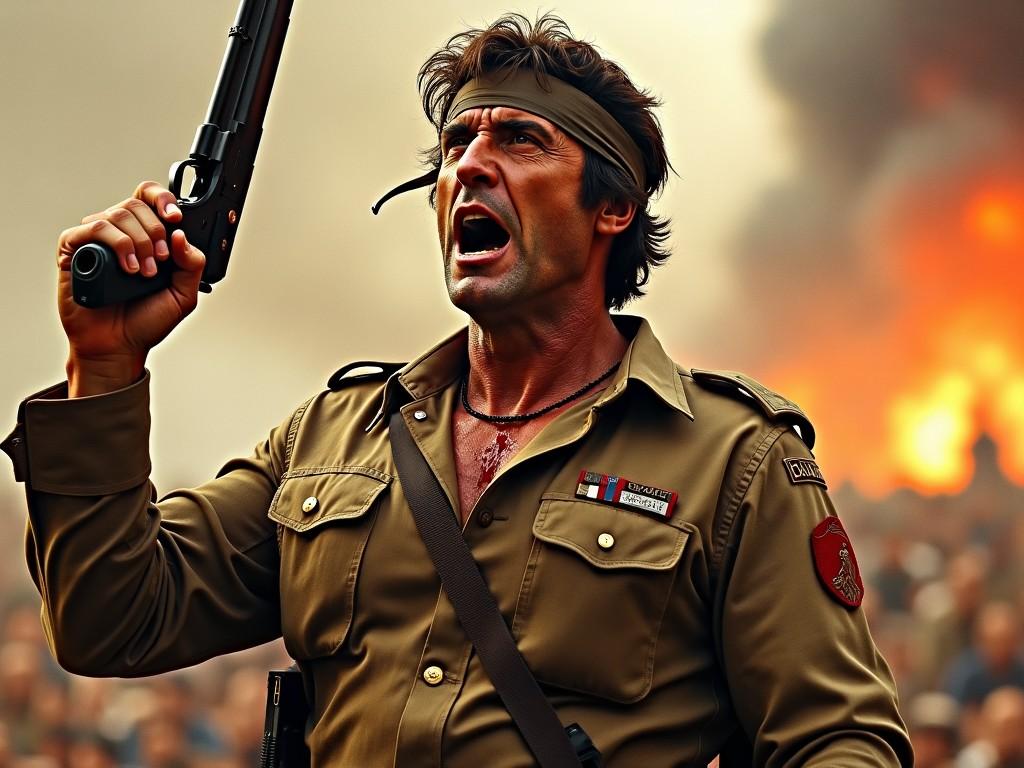 A movie poster for a film titled 'Loyalty'. The central character, portrayed by Sylvester Stallone, is wearing an old-fashioned civil war uniform with the sleeves torn off, showcasing a rugged look. He has a bloodied face and a fierce expression as he raises a gun high above his head. The background depicts a chaotic battlefield, with fires and explosions creating a dramatic atmosphere. This moment captures the essence of an action-packed war drama about loyalty and sacrifice.